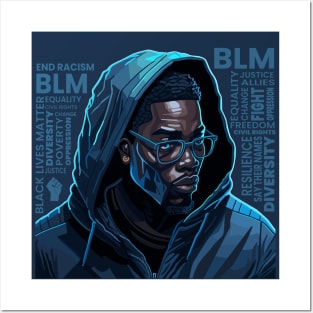 Black Man in Hoodie with BLM Word Cloud Posters and Art